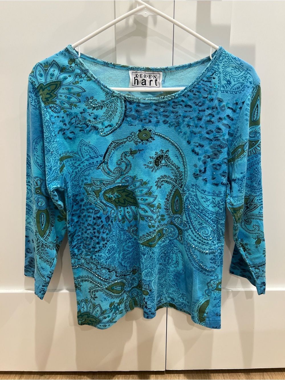 KEREN hart Turquoise Paisley 3/4 Sleeve Scoop Neck Top